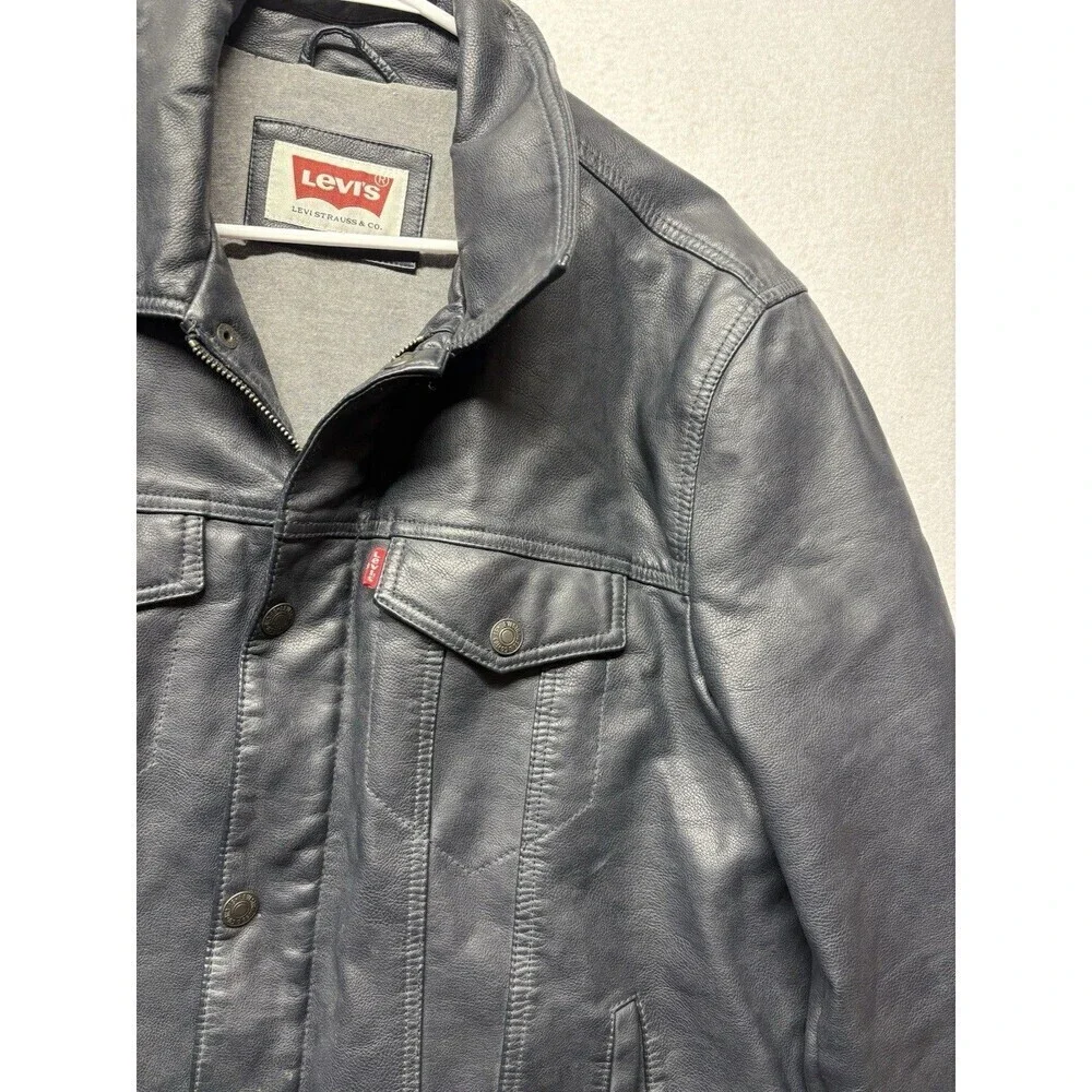 Levi's® Mens Dark Blue Faux Leather Midweight Trucker Jacket Size Large Biker